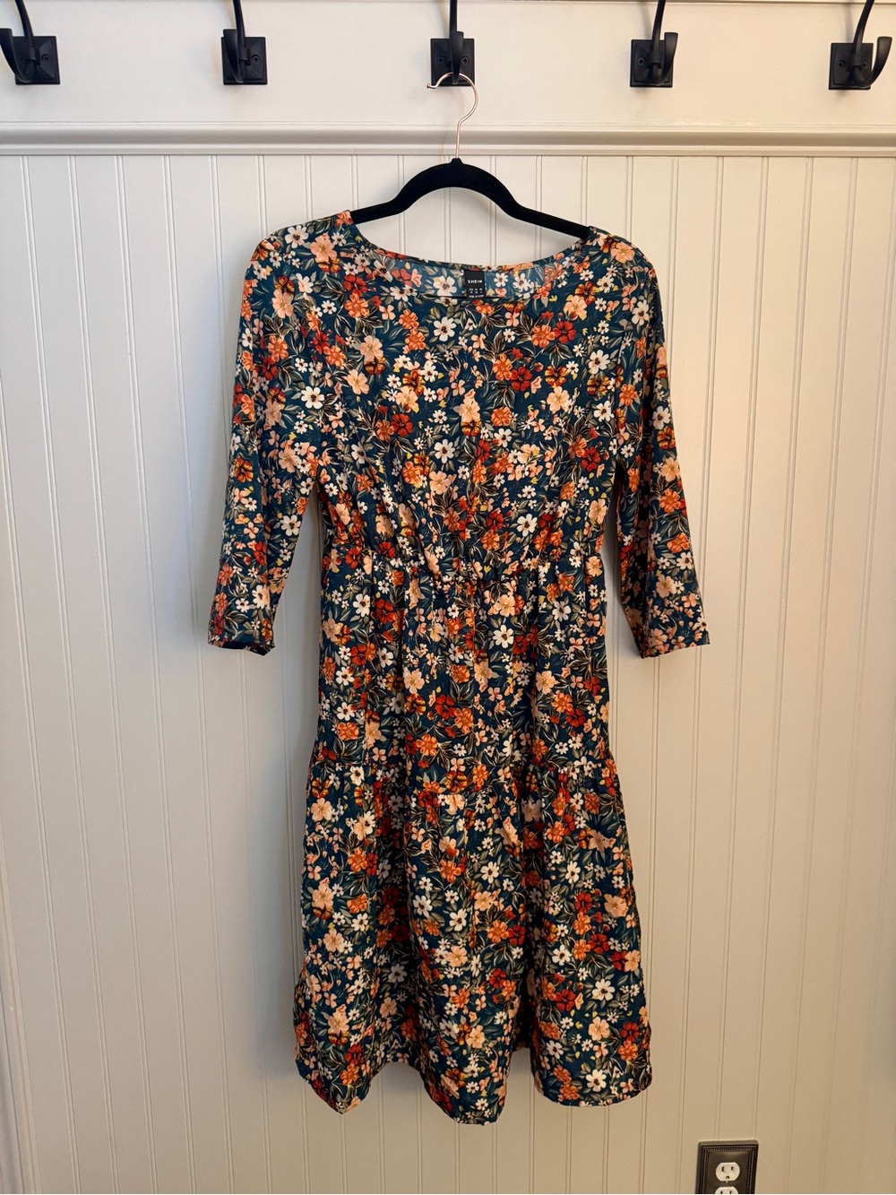 SHEIN Teal Floral Tiered Midi Dress with Rust and Cream Flowers